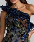 11978 Black Multicolor One Shoulder Burnout Velvet Gown