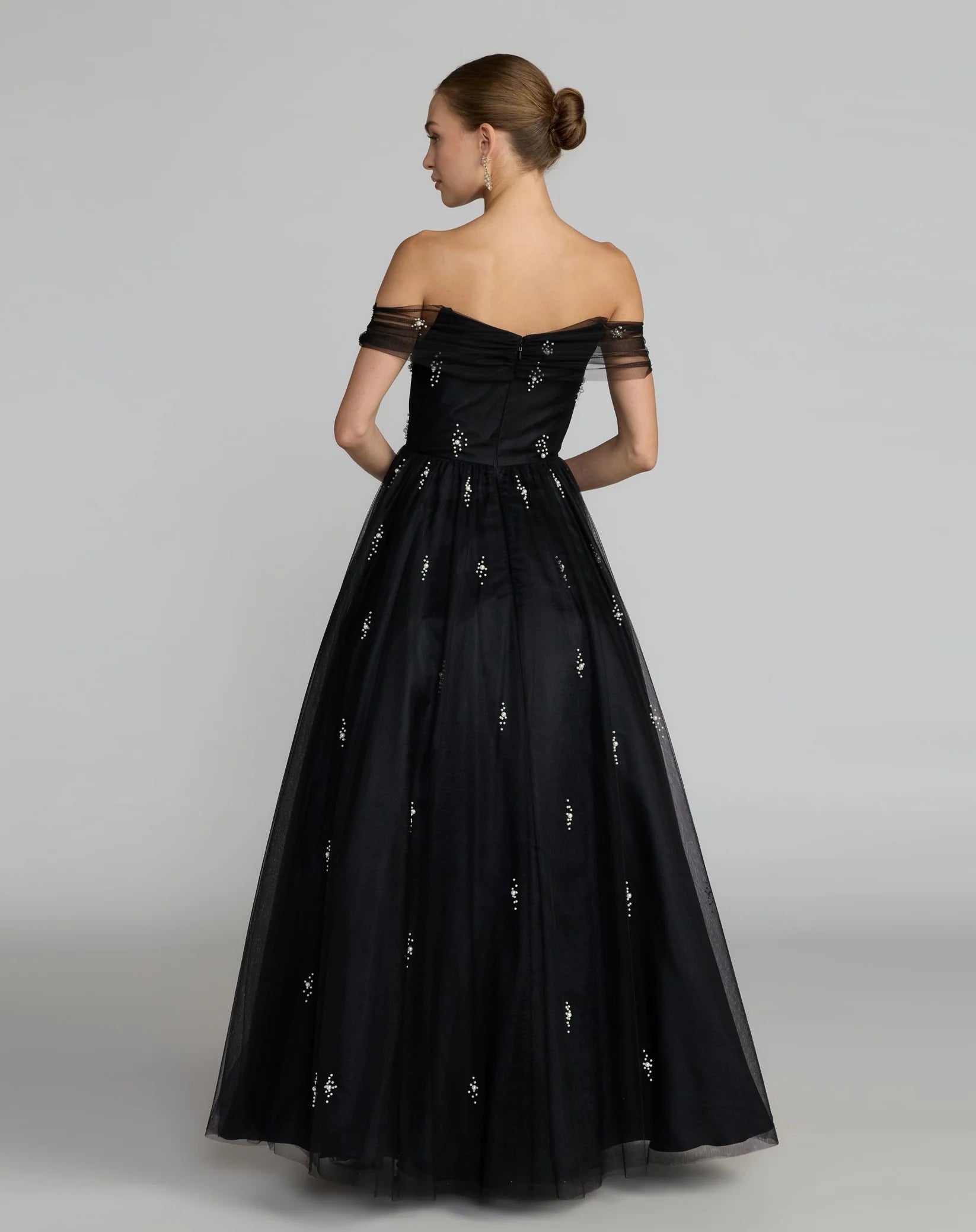 13227 Black Pearl Embellished Off The Shoulder Ball Gown