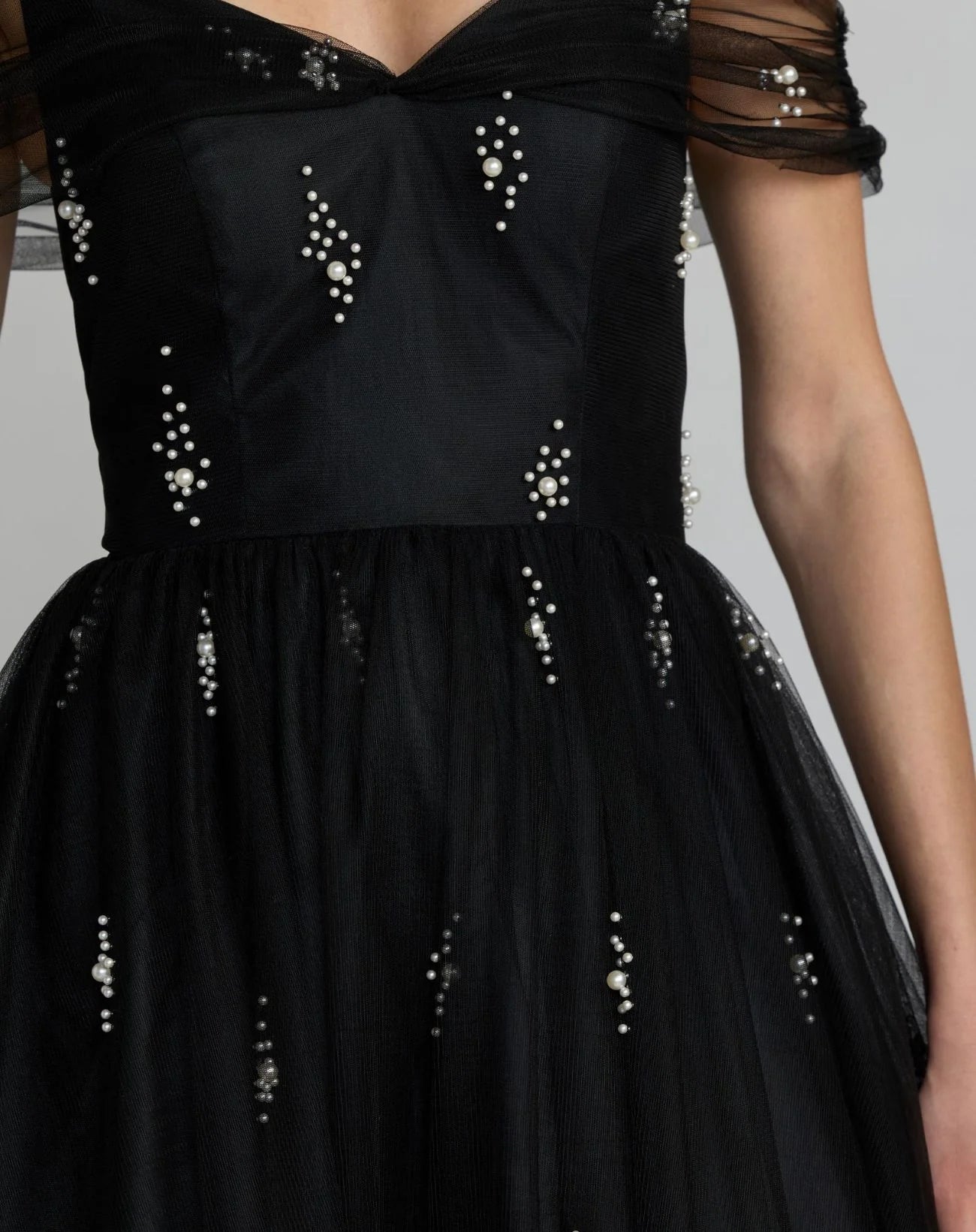 13227 Black Pearl Embellished Off The Shoulder Ball Gown