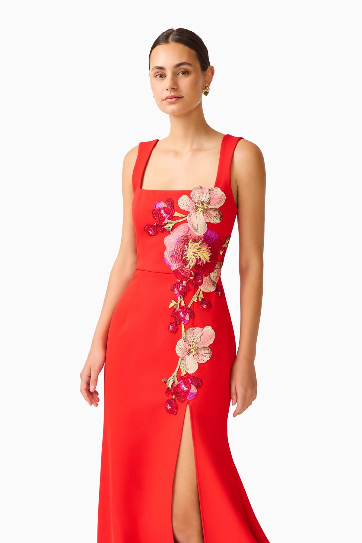 Fleurisca Embroidered Gown in Scarlet Red