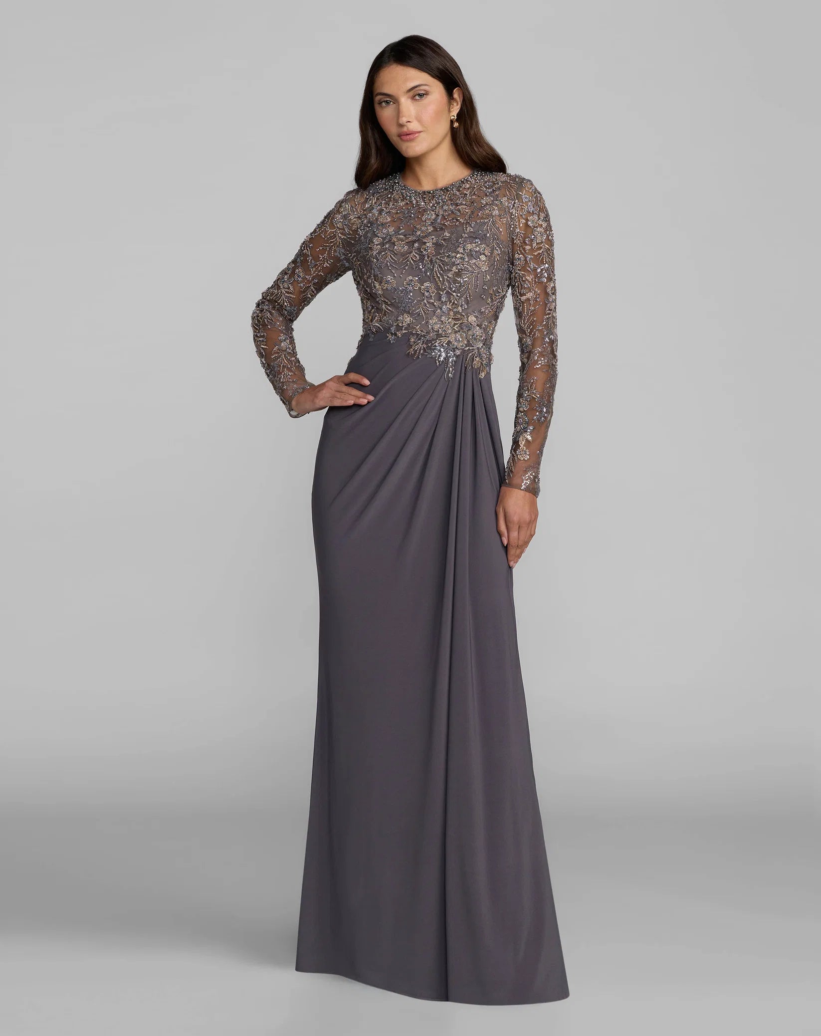 21328 Charcoal Embroidered Long Sleeve Jersey Gown
