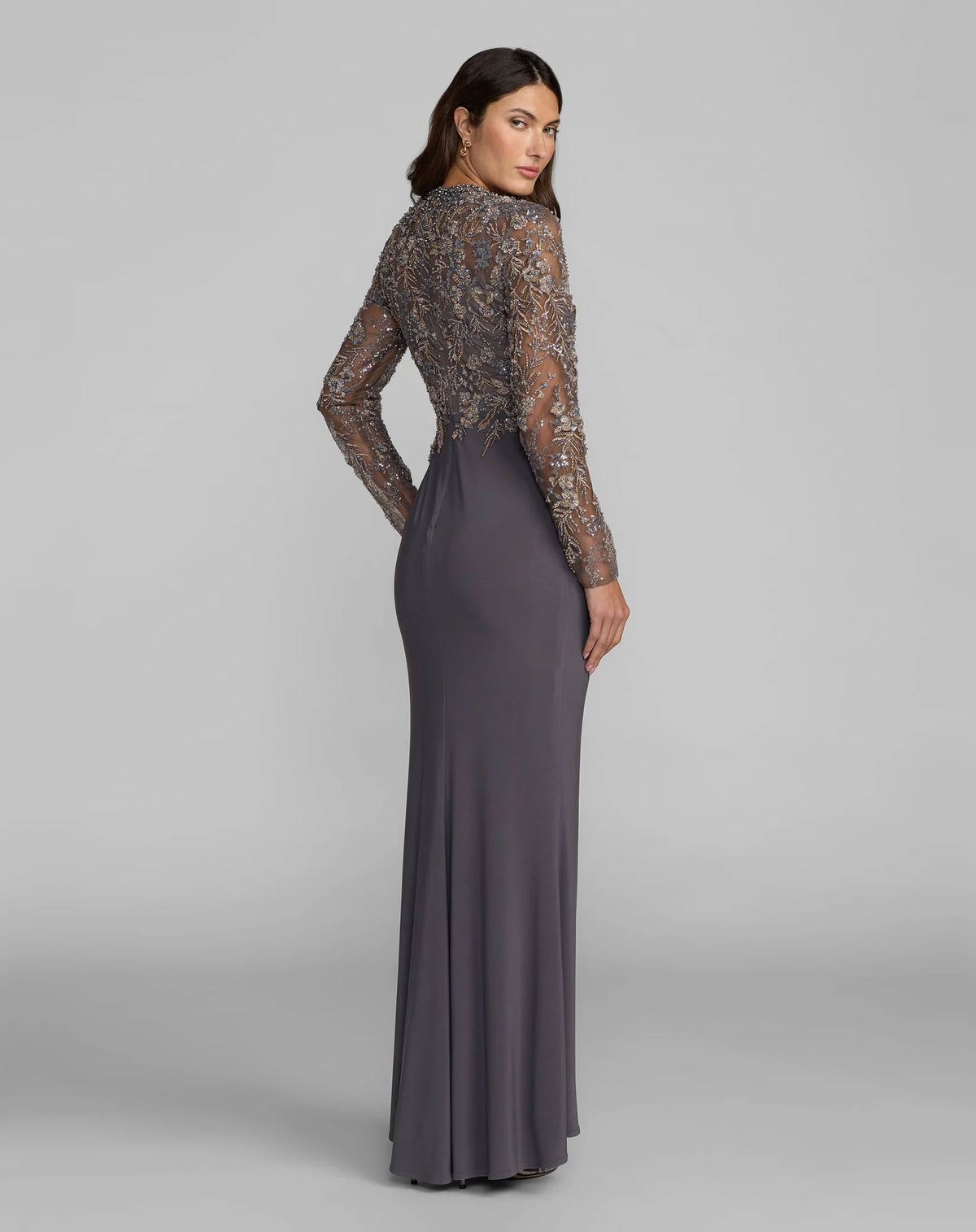 21328 Charcoal Embroidered Long Sleeve Jersey Gown