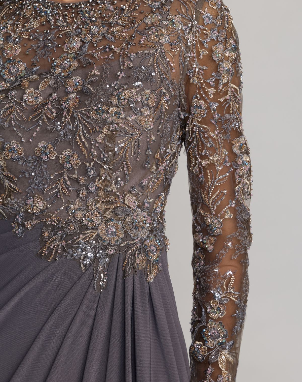 21328 Charcoal Embroidered Long Sleeve Jersey Gown