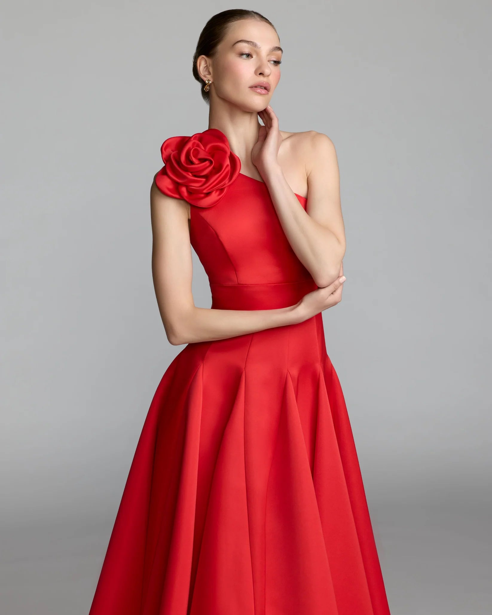 2364 Satin One Shoulder 3D Flower Godet Hem Midi Dress
