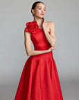 2364 Satin One Shoulder 3D Flower Godet Hem Midi Dress