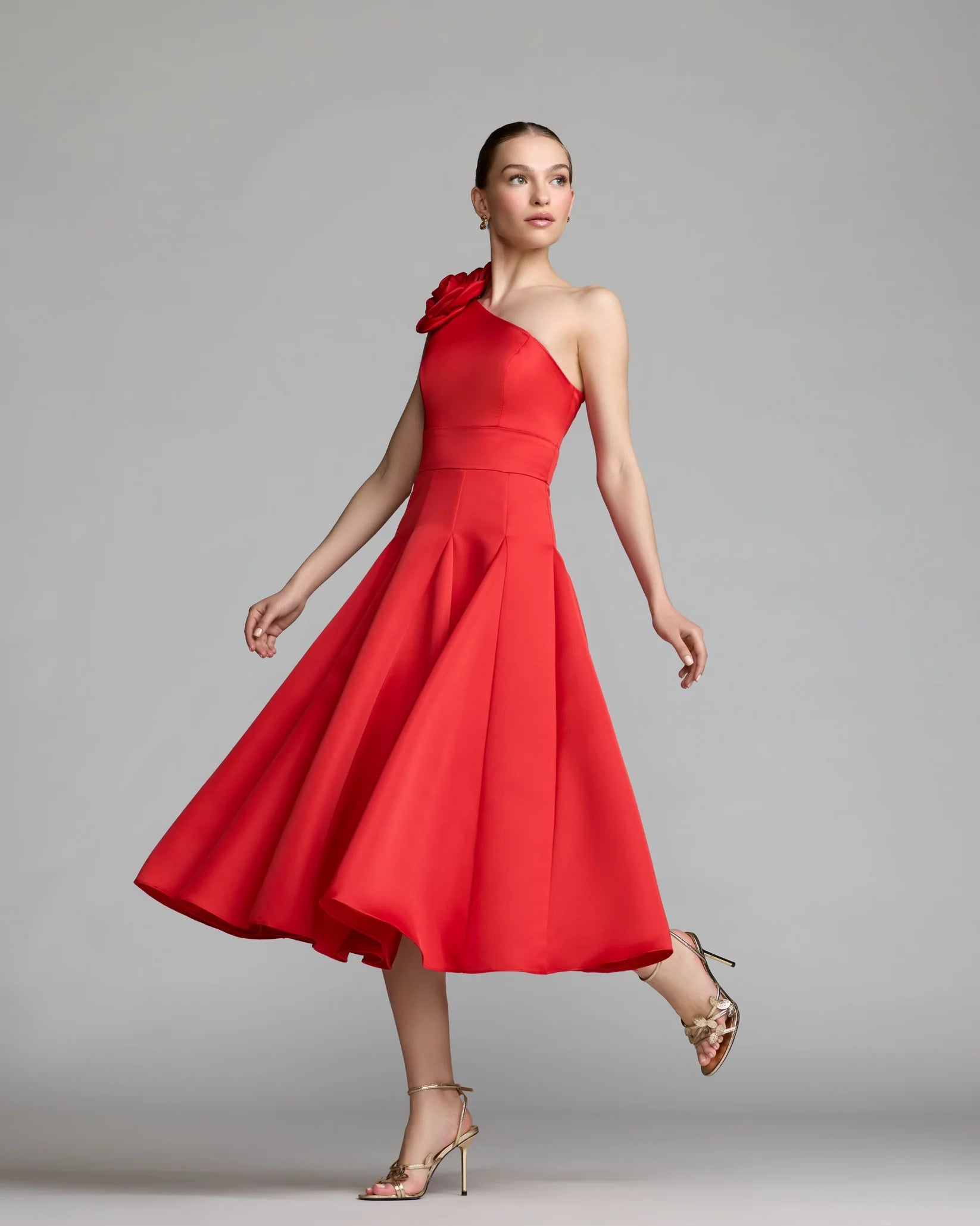 2364 Satin One Shoulder 3D Flower Godet Hem Midi Dress