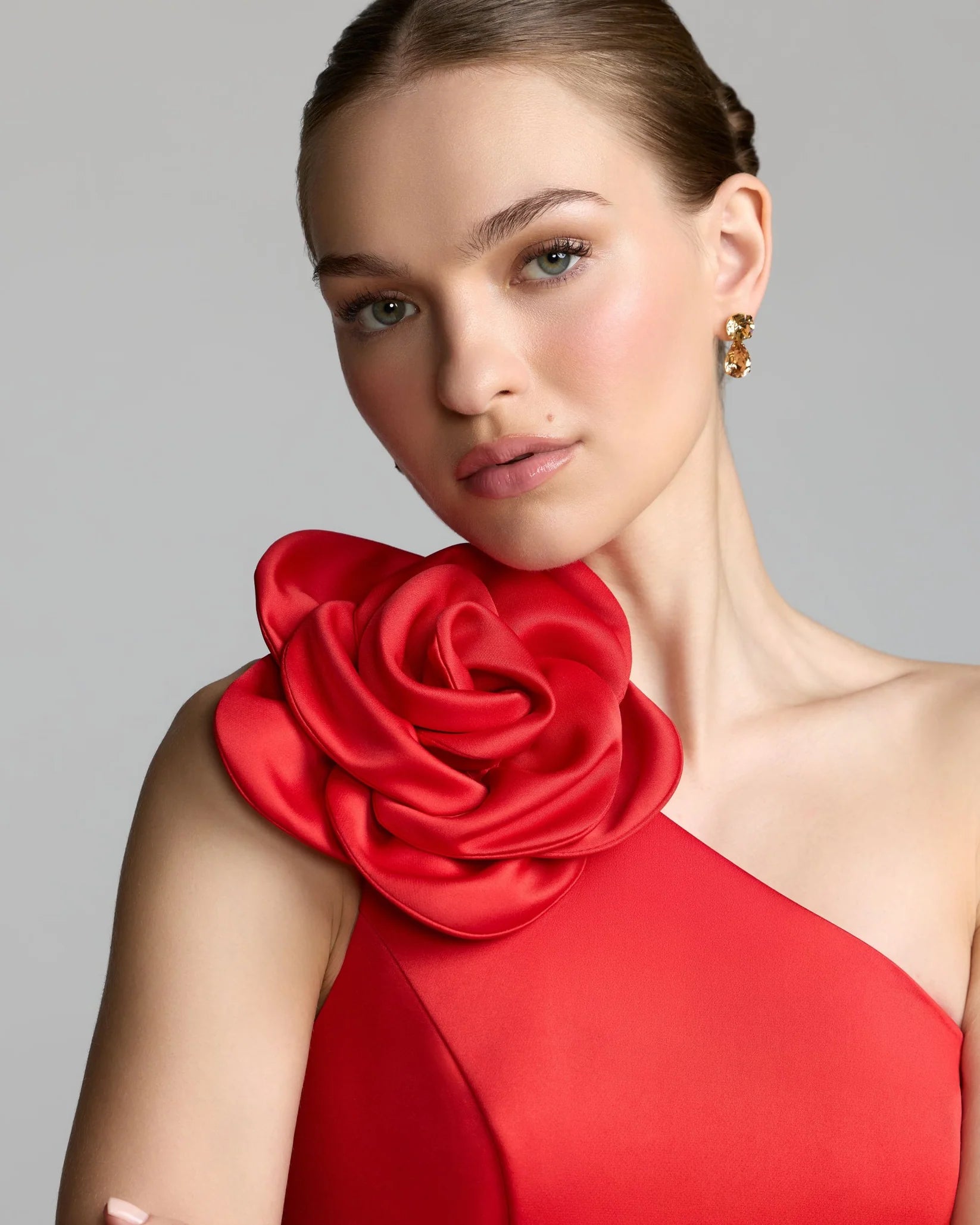 2364 Satin One Shoulder 3D Flower Godet Hem Midi Dress