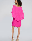 silky knit sheath with chiffon pleated cape shocking pink