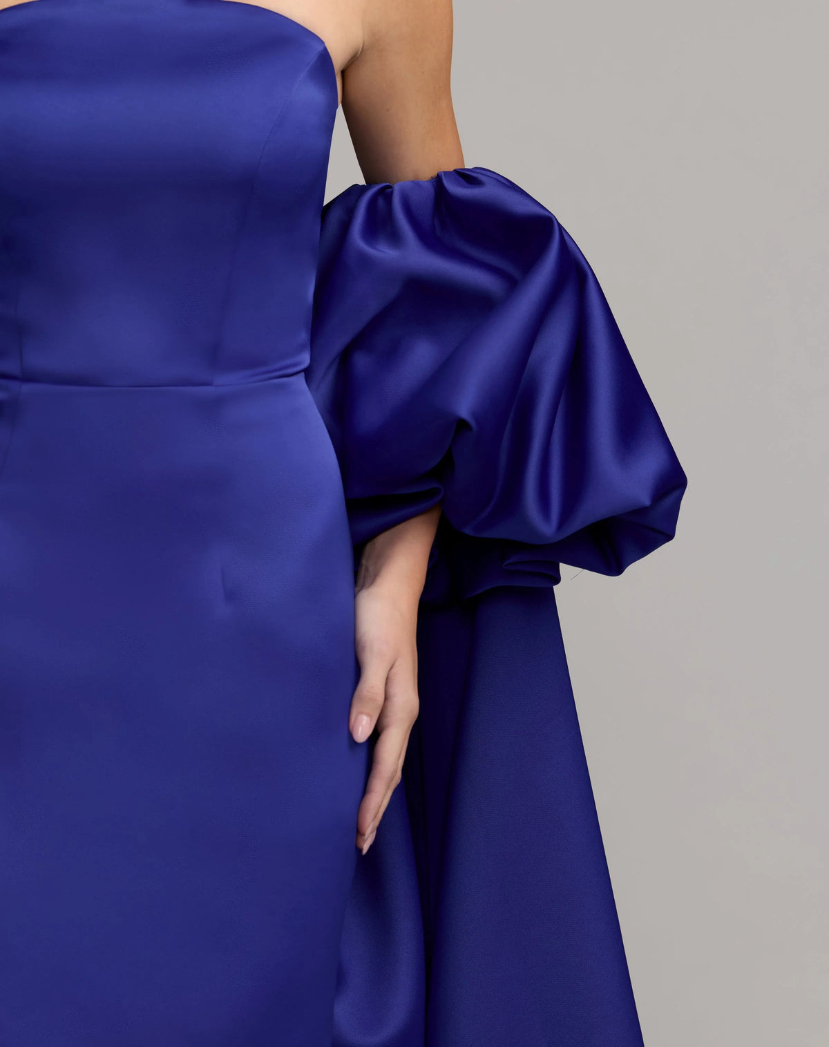 Cobalt Blue Strapless Puff Sleeve Satin Gown With Cape