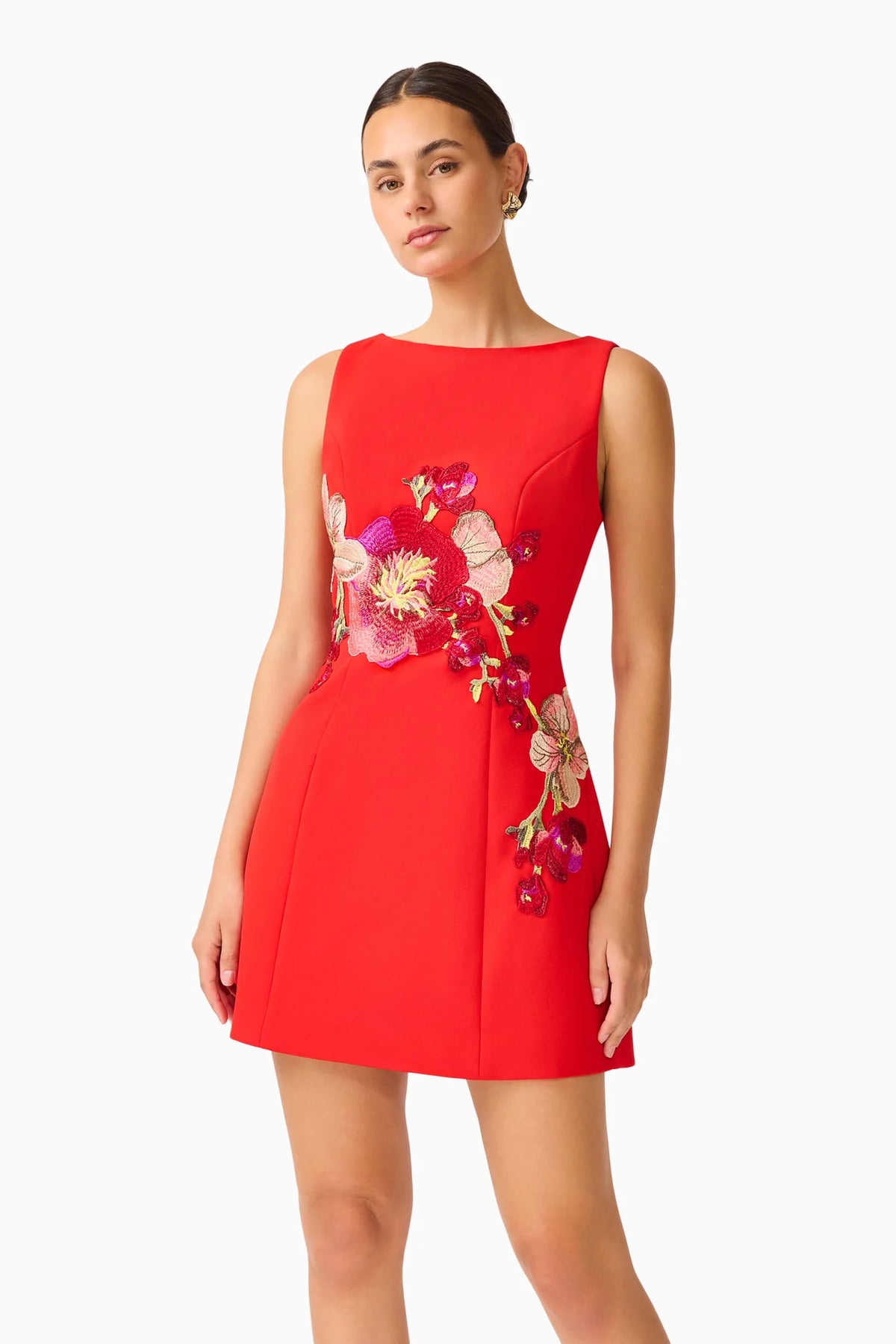 Fleurisca Embroidered A-Line Mini Dress in Scarlet Red