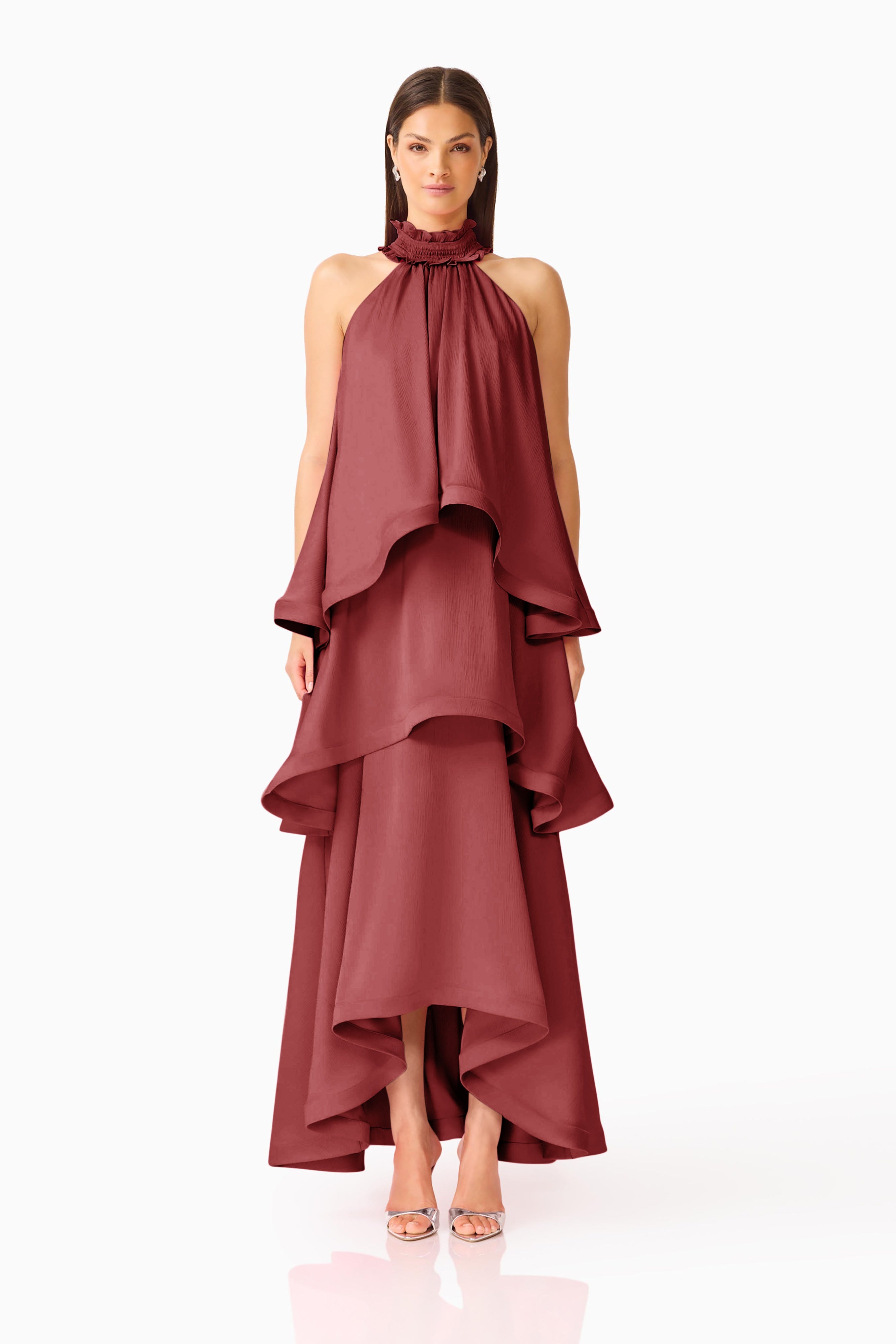CALISTA RUFFLE NECK
TIERED GOWN