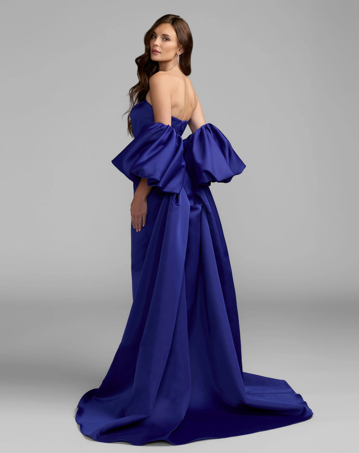 Cobalt Blue Strapless Puff Sleeve Satin Gown With Cape