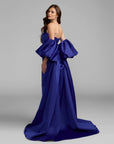 Cobalt Blue Strapless Puff Sleeve Satin Gown With Cape