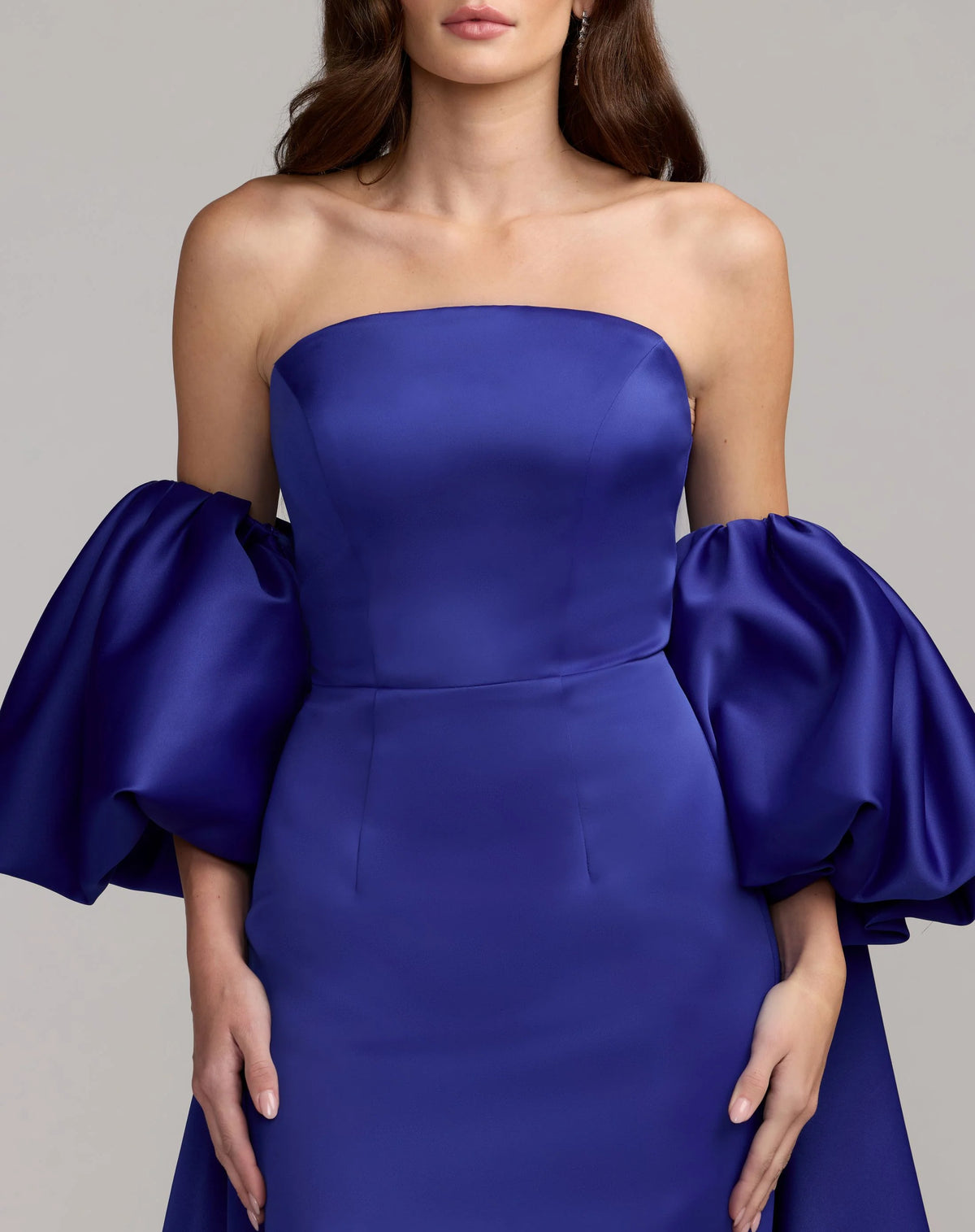 Cobalt Blue Strapless Puff Sleeve Satin Gown With Cape