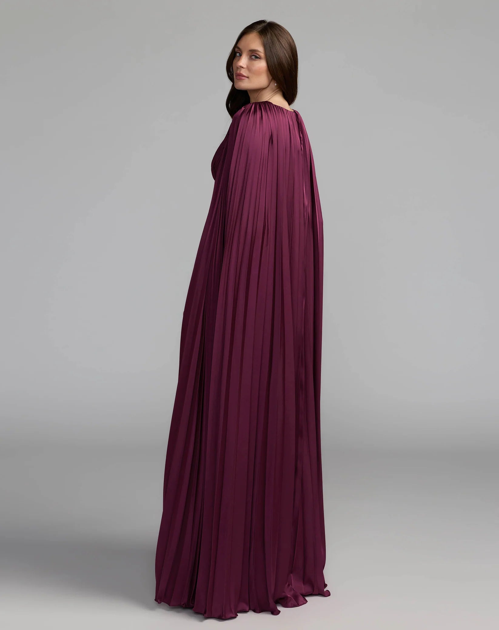 49872 Pleated Charmeuse V Neck Gown With Cape