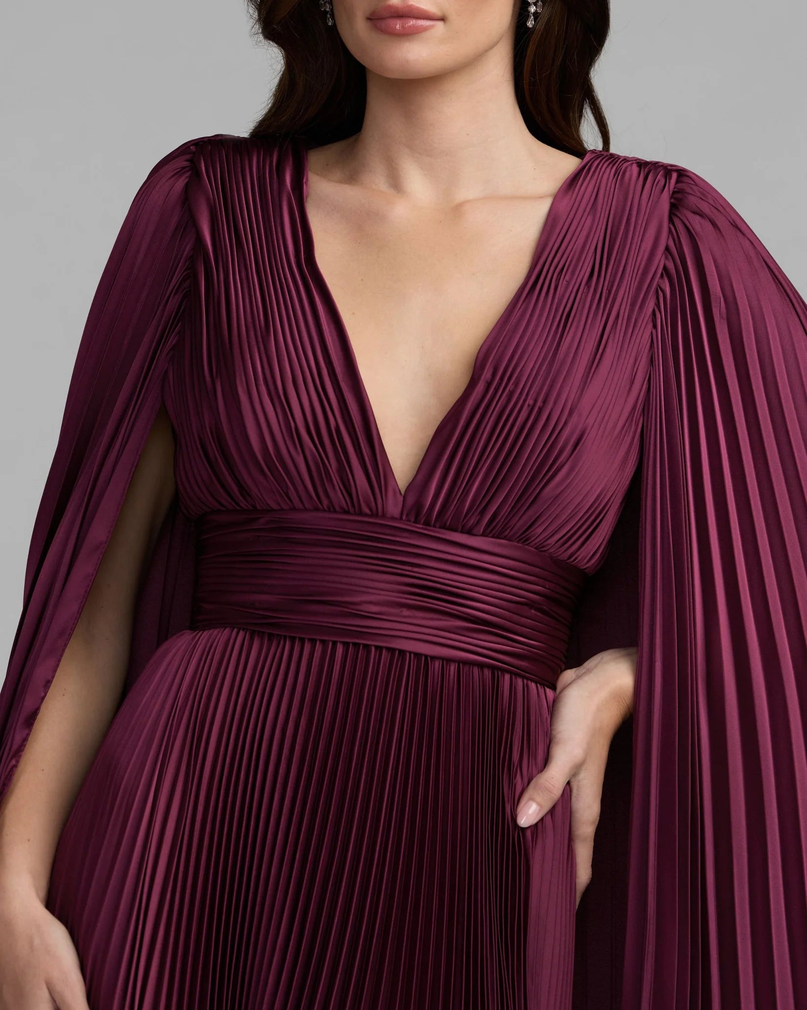 49872 Pleated Charmeuse V Neck Gown With Cape