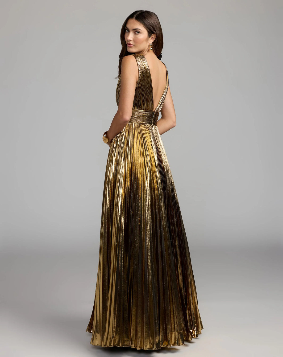 Gold Sleeveless Metallic V-Neck Gown With Ruffle Detail 50212