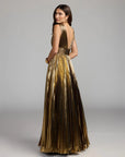 Gold Sleeveless Metallic V-Neck Gown With Ruffle Detail 50212