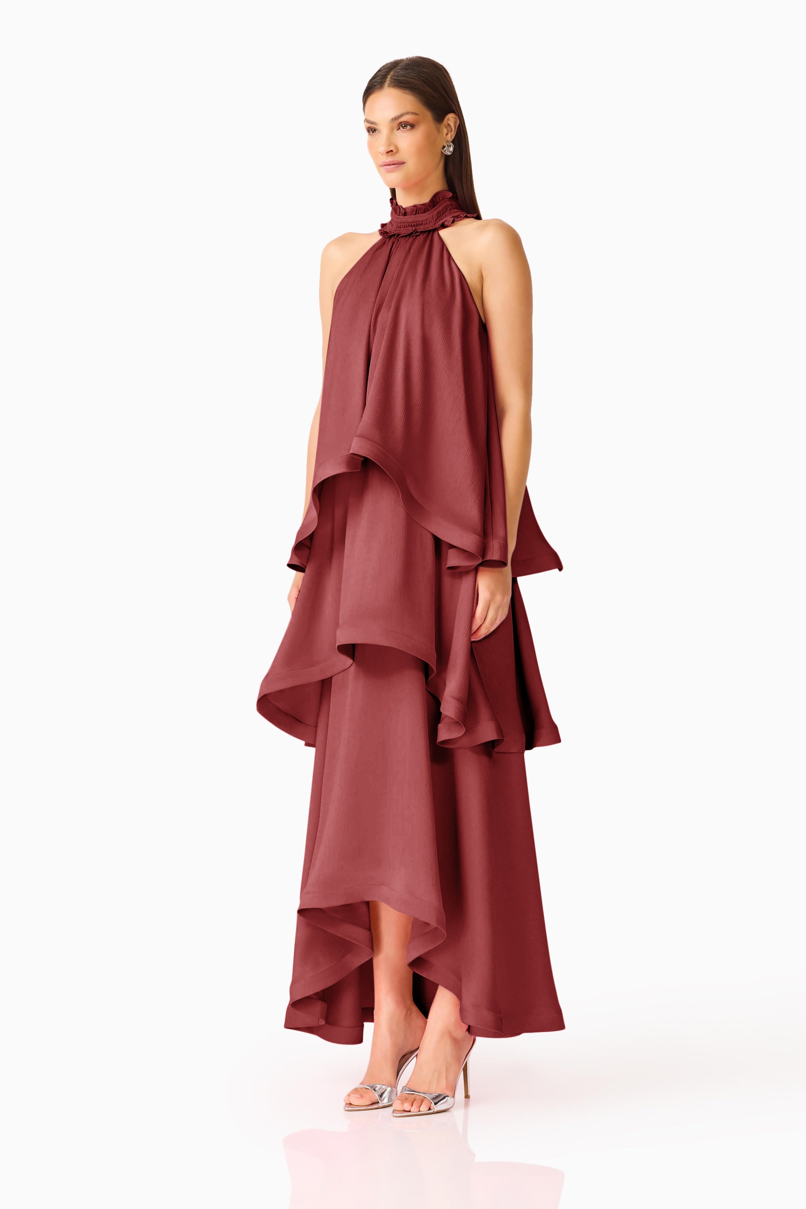 CALISTA RUFFLE NECK
TIERED GOWN