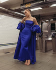 Cobalt Blue Strapless Puff Sleeve Satin Gown With Cape