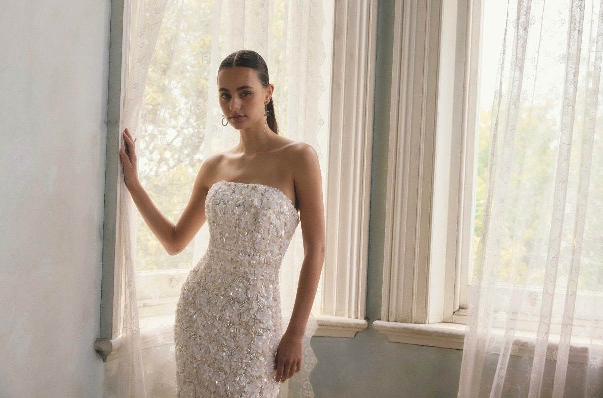 SILVANA STRAPLESS
GOWN IN WHITE/SILVER