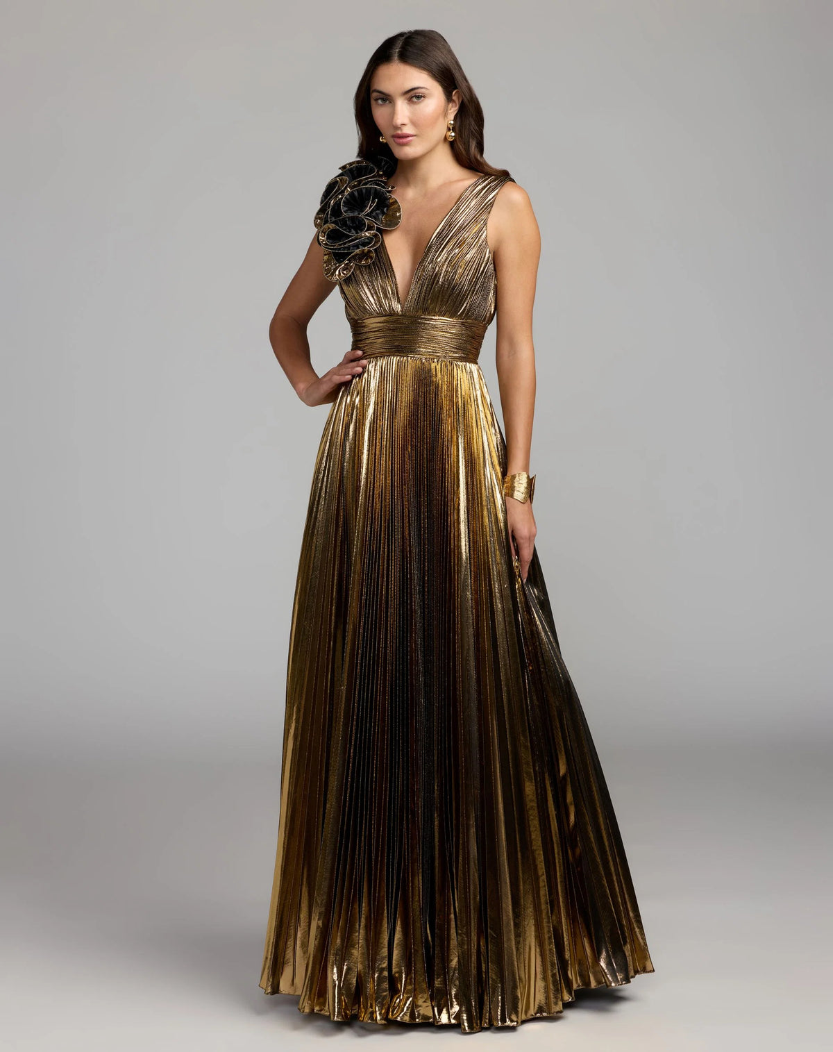 Gold Sleeveless Metallic V-Neck Gown With Ruffle Detail 50212