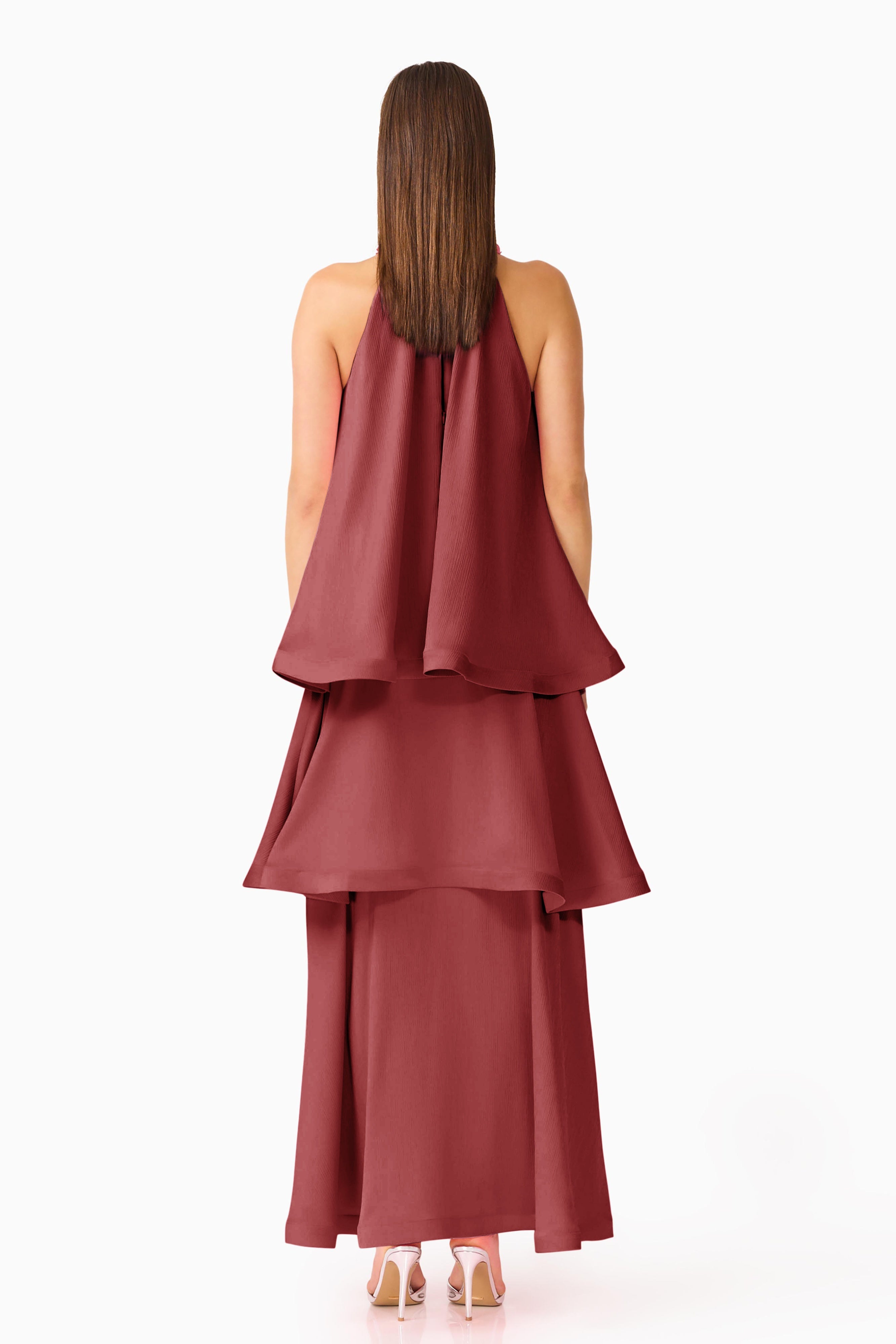 CALISTA RUFFLE NECK
TIERED GOWN