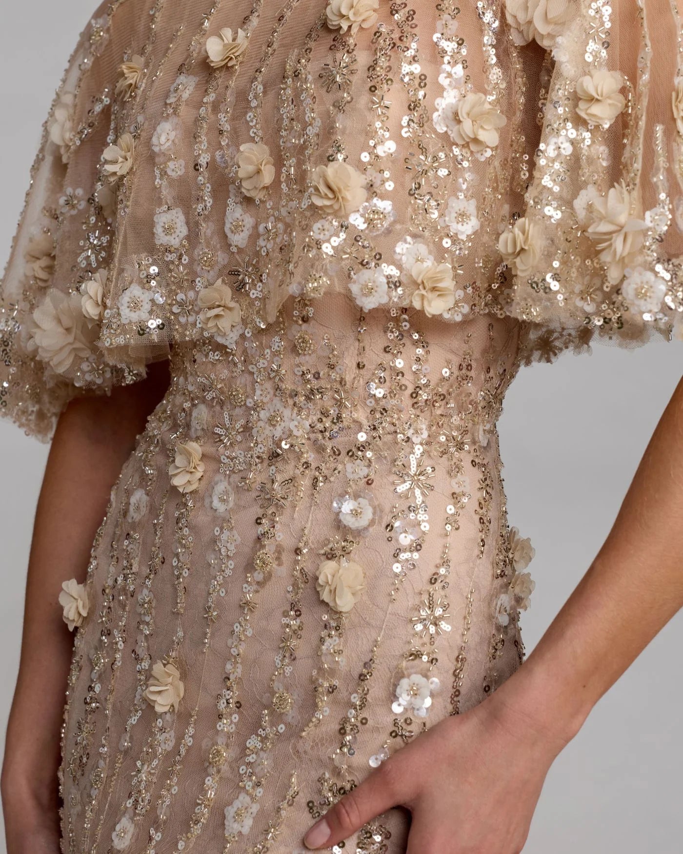 69188 Floral Embellished Cape Sleeve Trumpet Gown