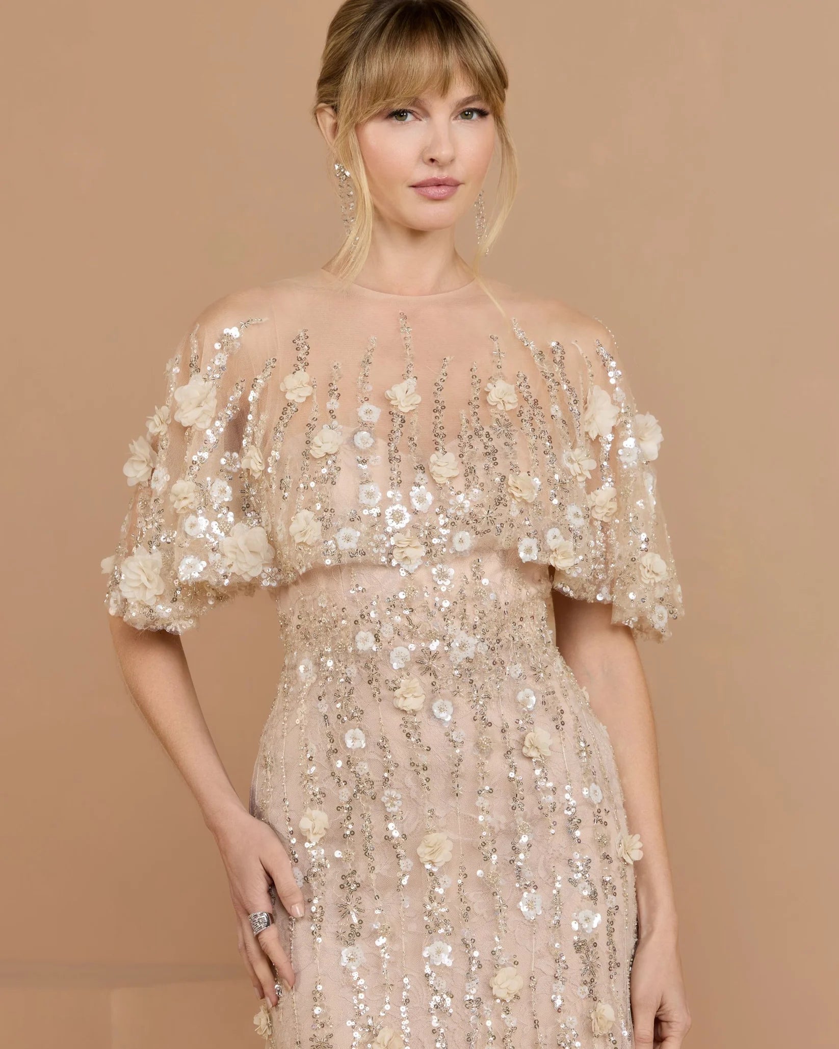 69188 Floral Embellished Cape Sleeve Trumpet Gown