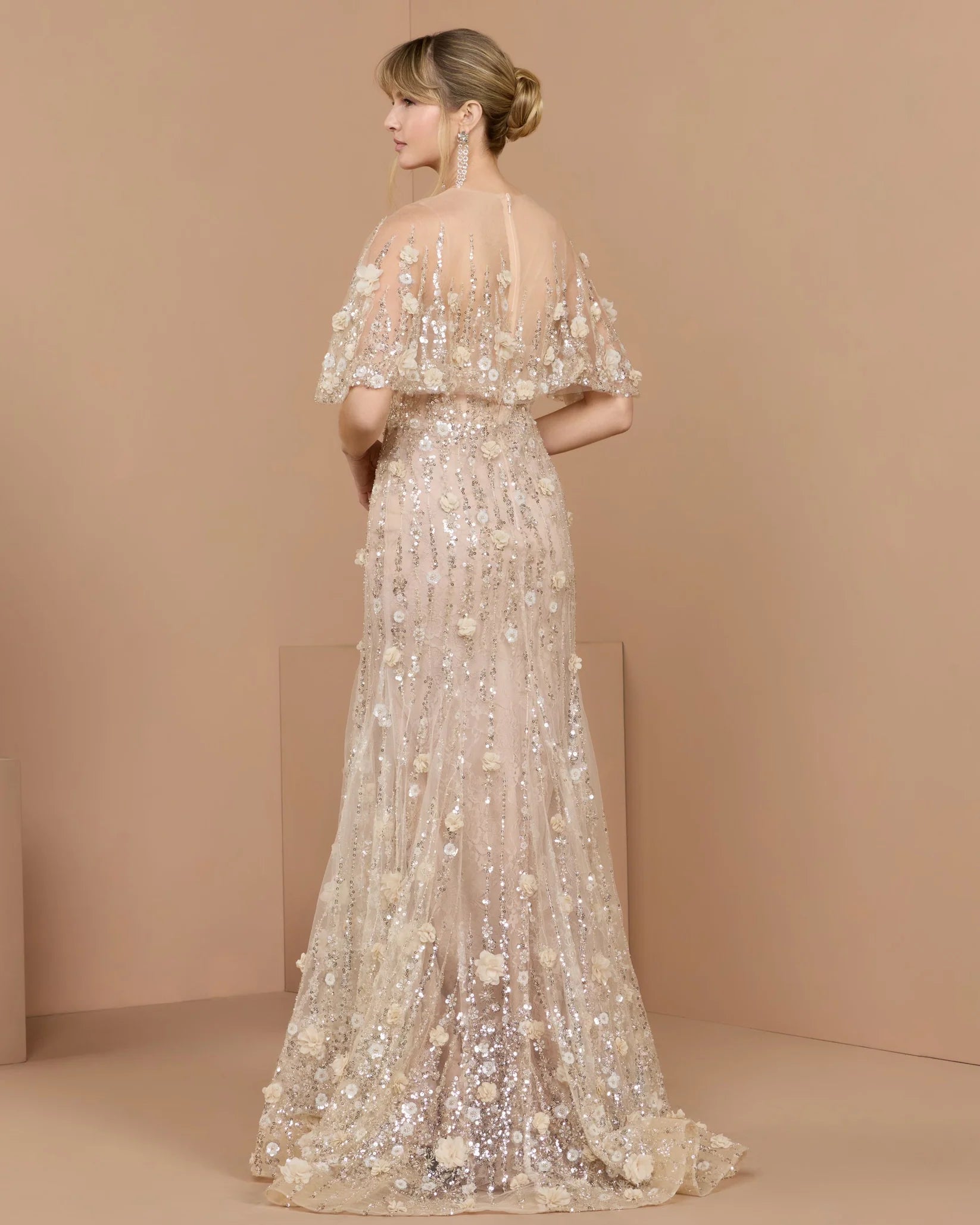 69188 Floral Embellished Cape Sleeve Trumpet Gown