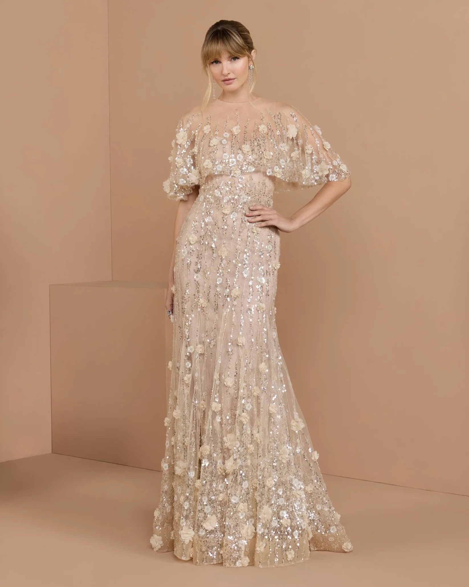 69188 Floral Embellished Cape Sleeve Trumpet Gown