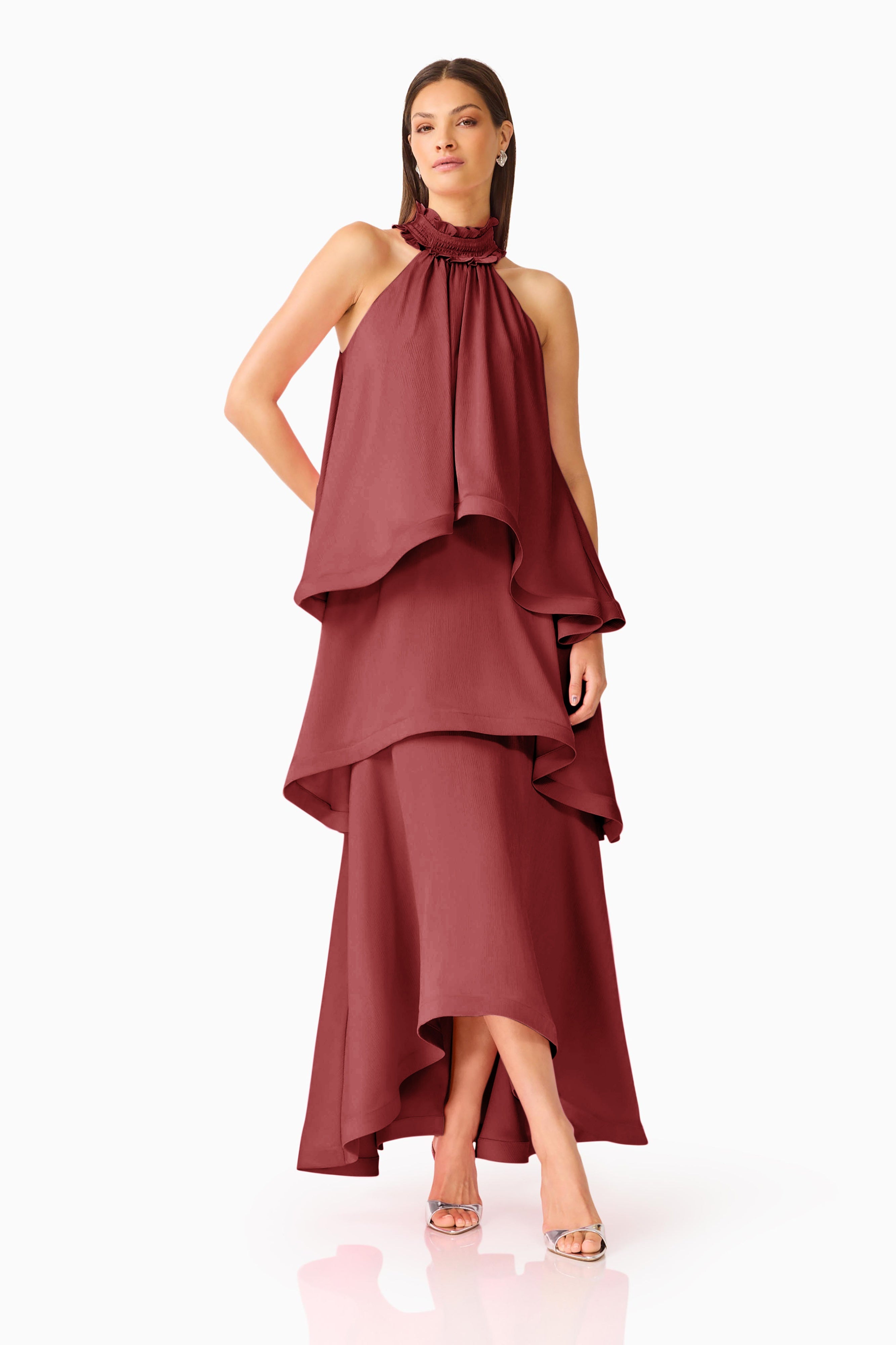 CALISTA RUFFLE NECK
TIERED GOWN