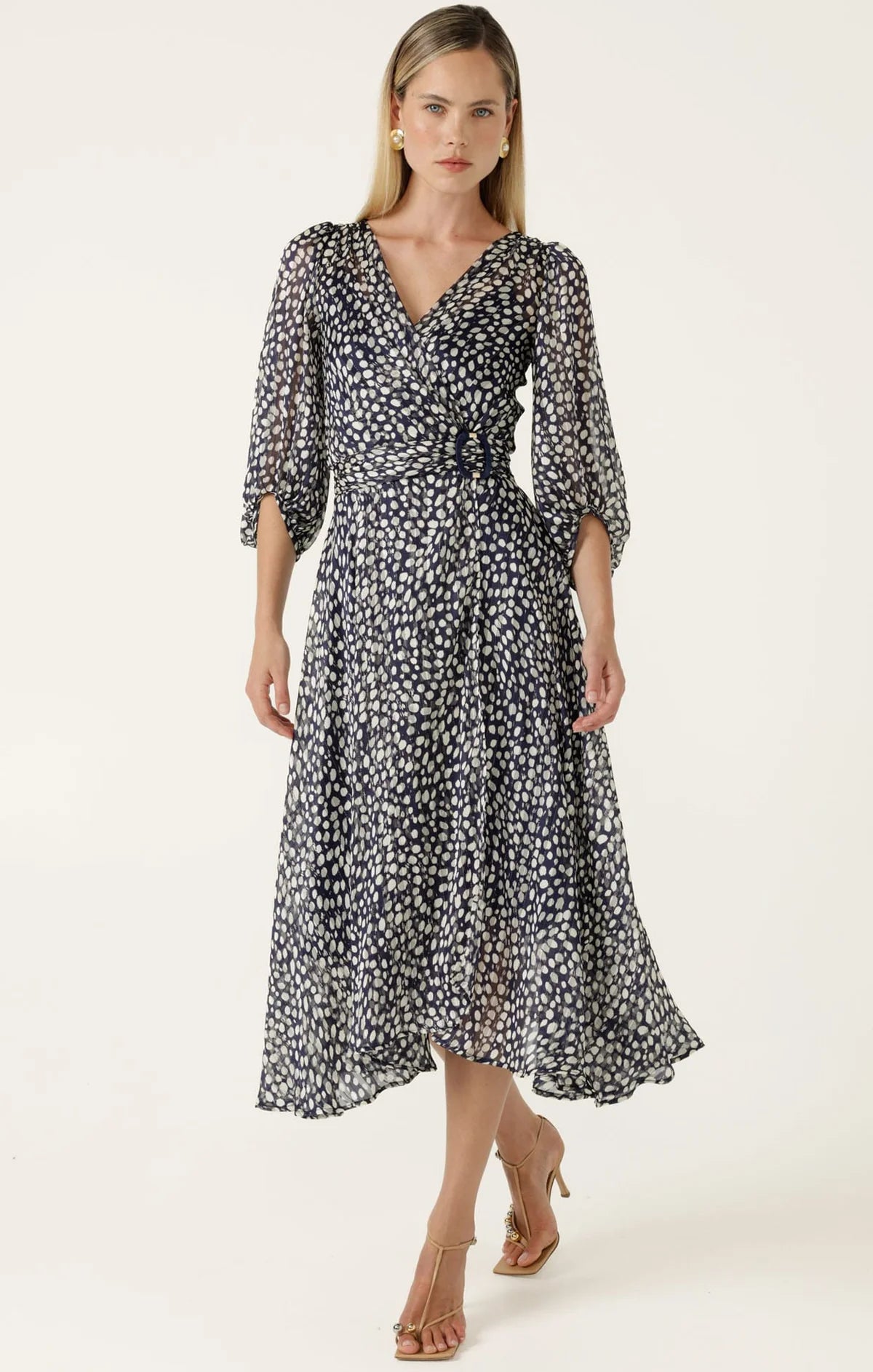 CLOUDLAND WRAP DRESS IN NAVY WHITE SPOT