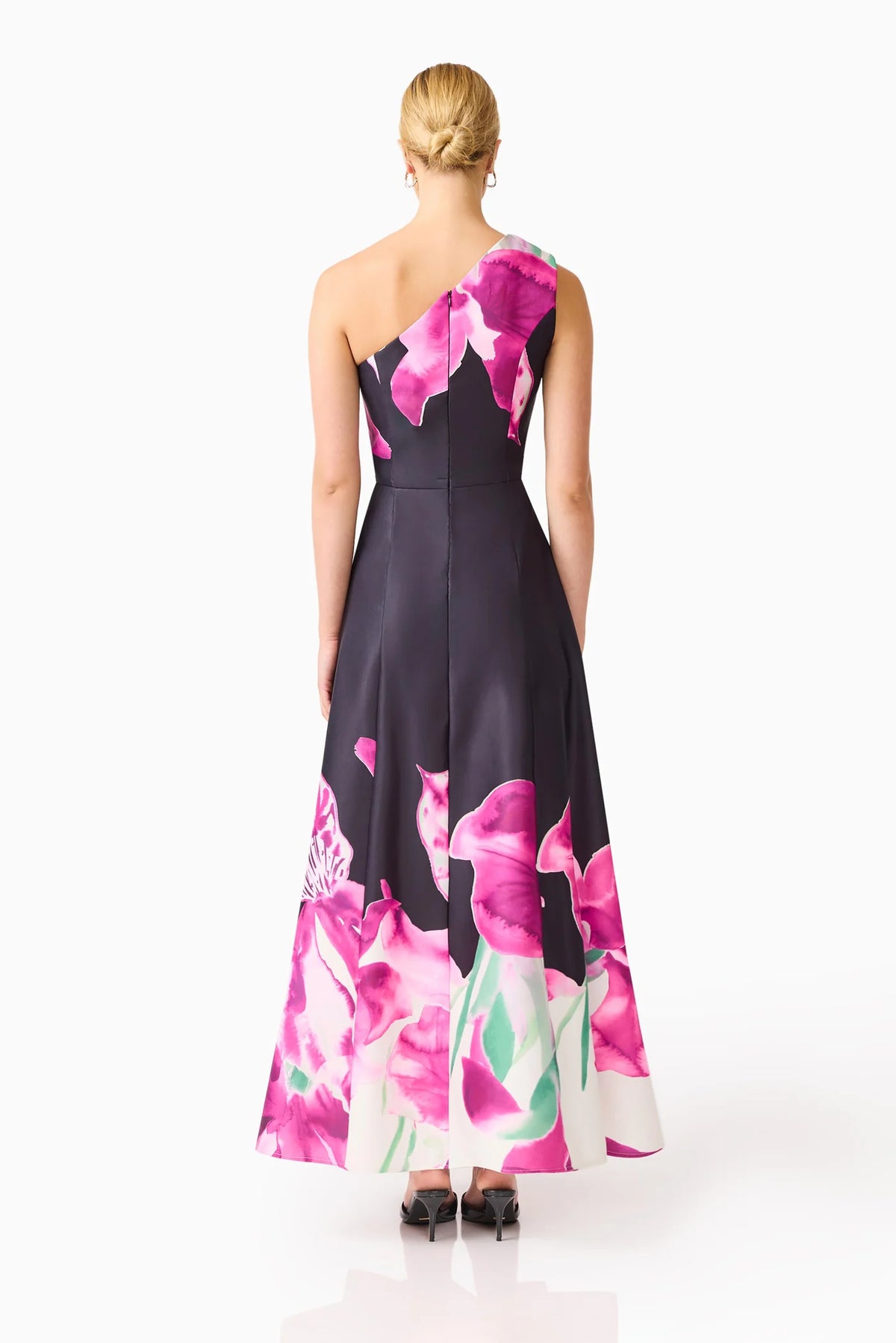 Petalia One Shoulder Gown in Black &amp; Pink Floral