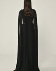 6396 long evening chiffon one shoulder gown with matching beaded cape .