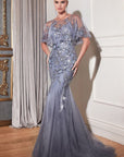 CDS438 beaded gown with detachable cape .