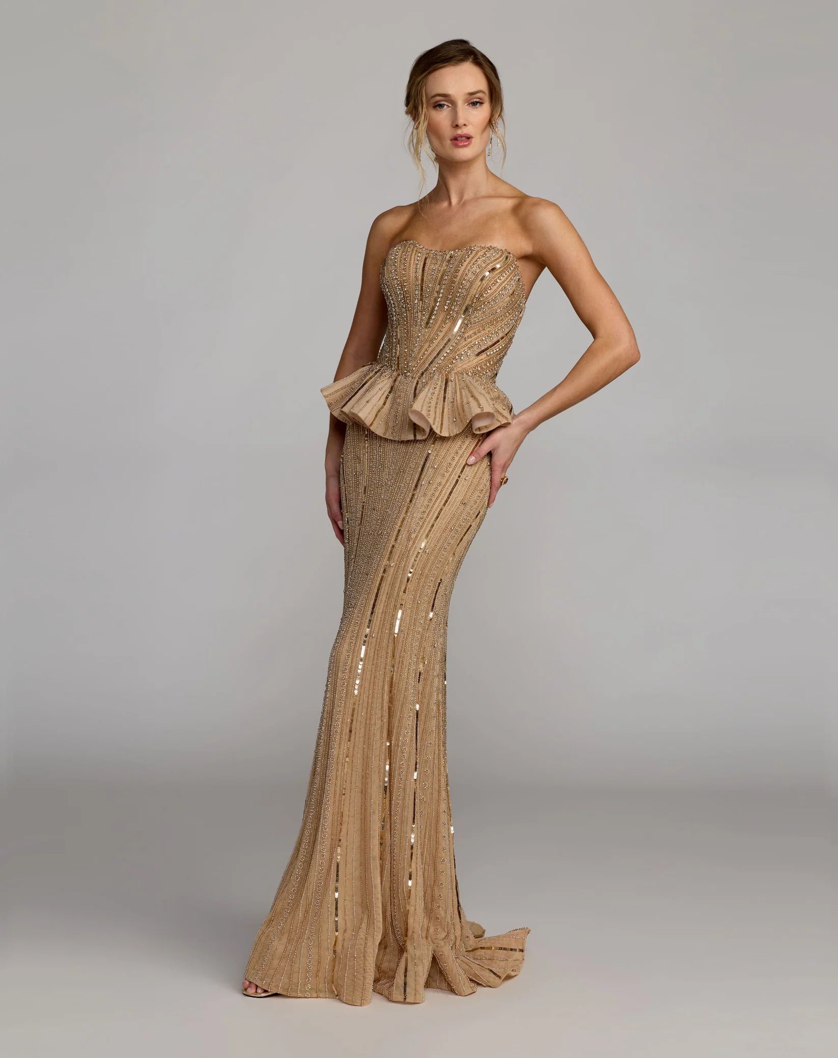 86018 Beaded Gold Strapless Peplum Gown