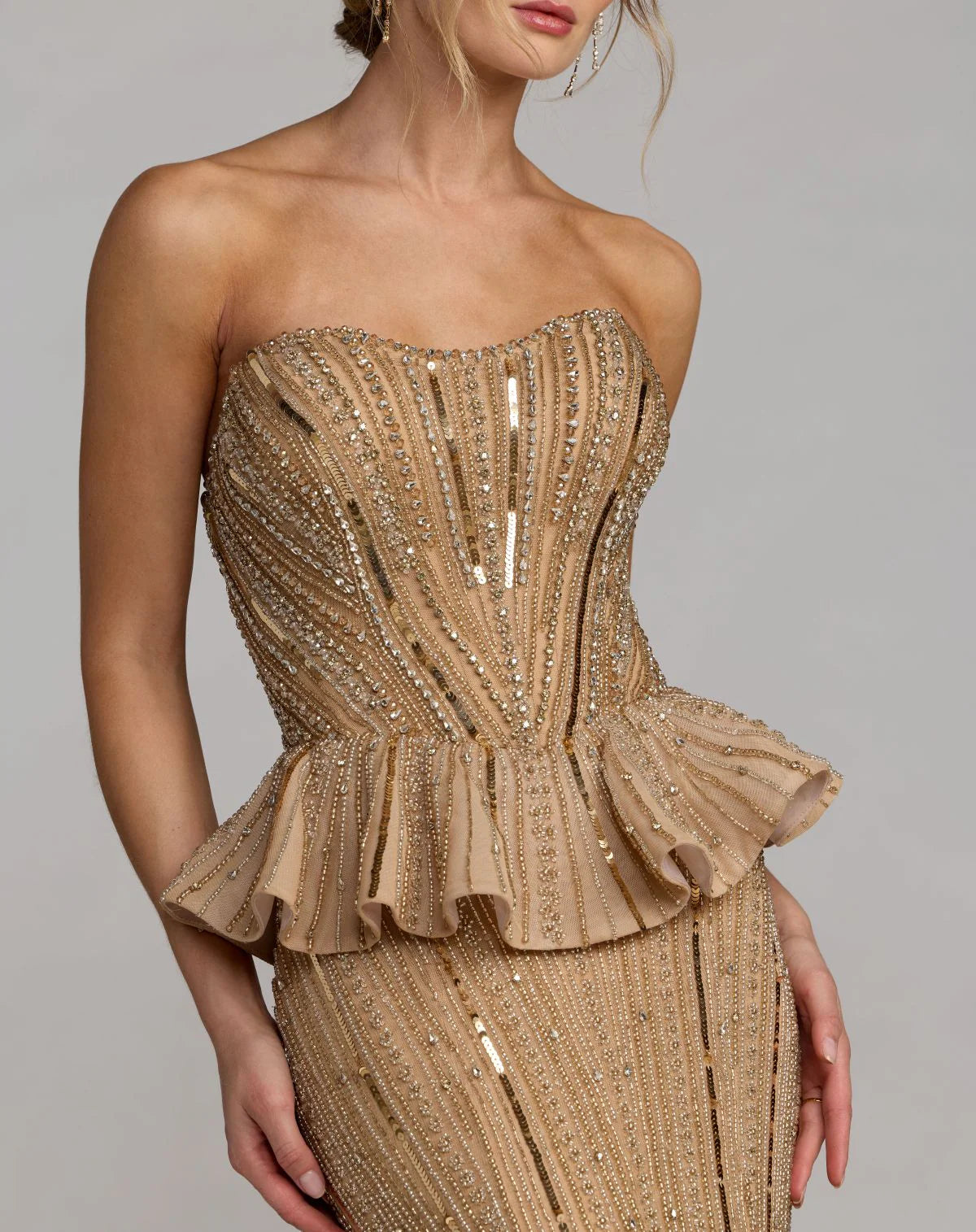 86018 Beaded Gold Strapless Peplum Gown