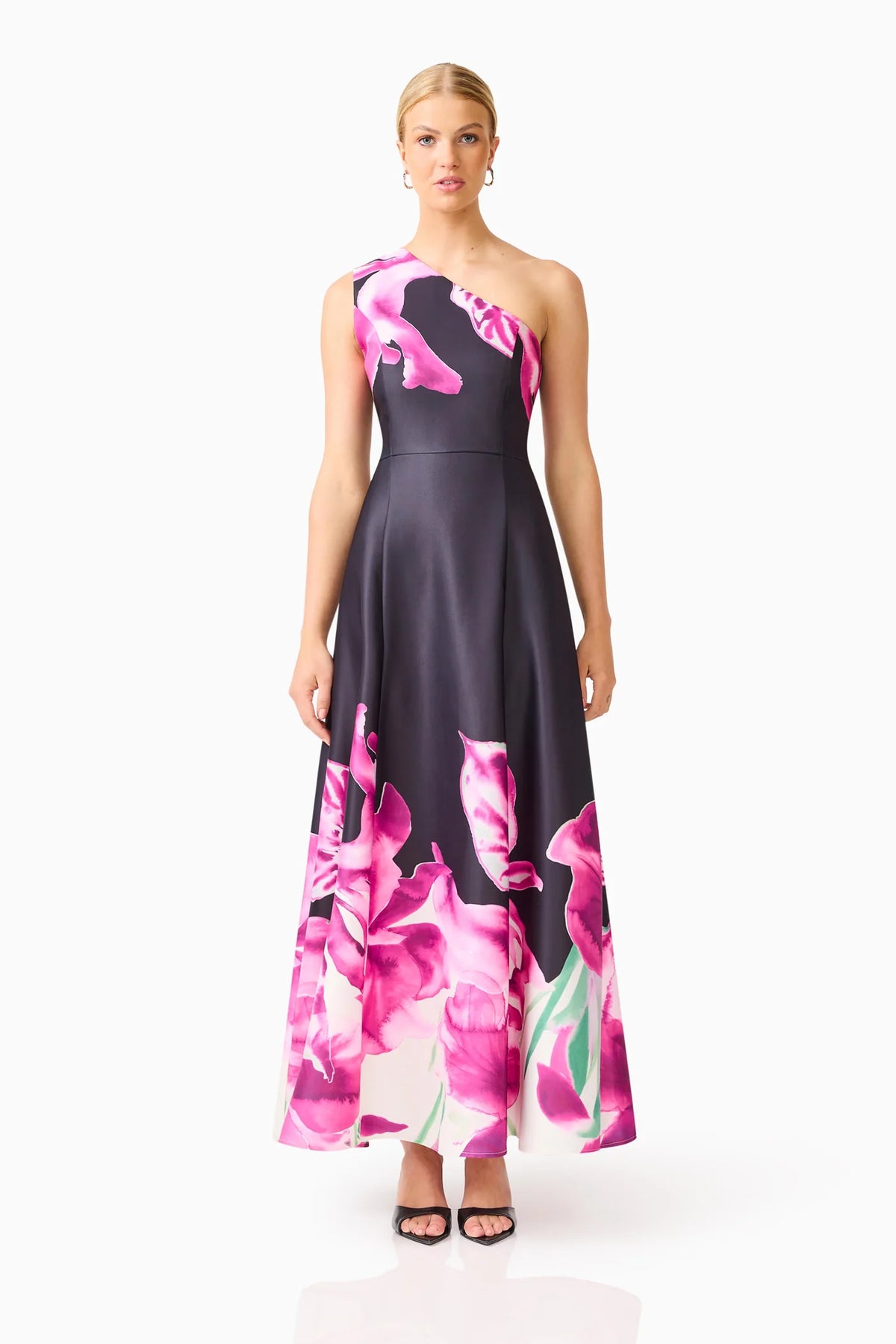 Petalia One Shoulder Gown in Black &amp; Pink Floral