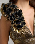 Gold Sleeveless Metallic V-Neck Gown With Ruffle Detail 50212