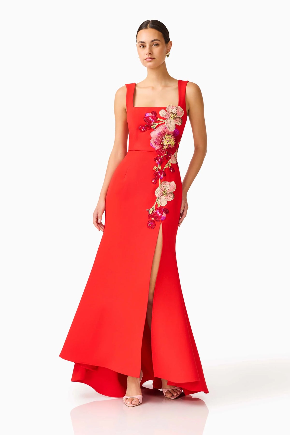 Fleurisca Embroidered Gown in Scarlet Red