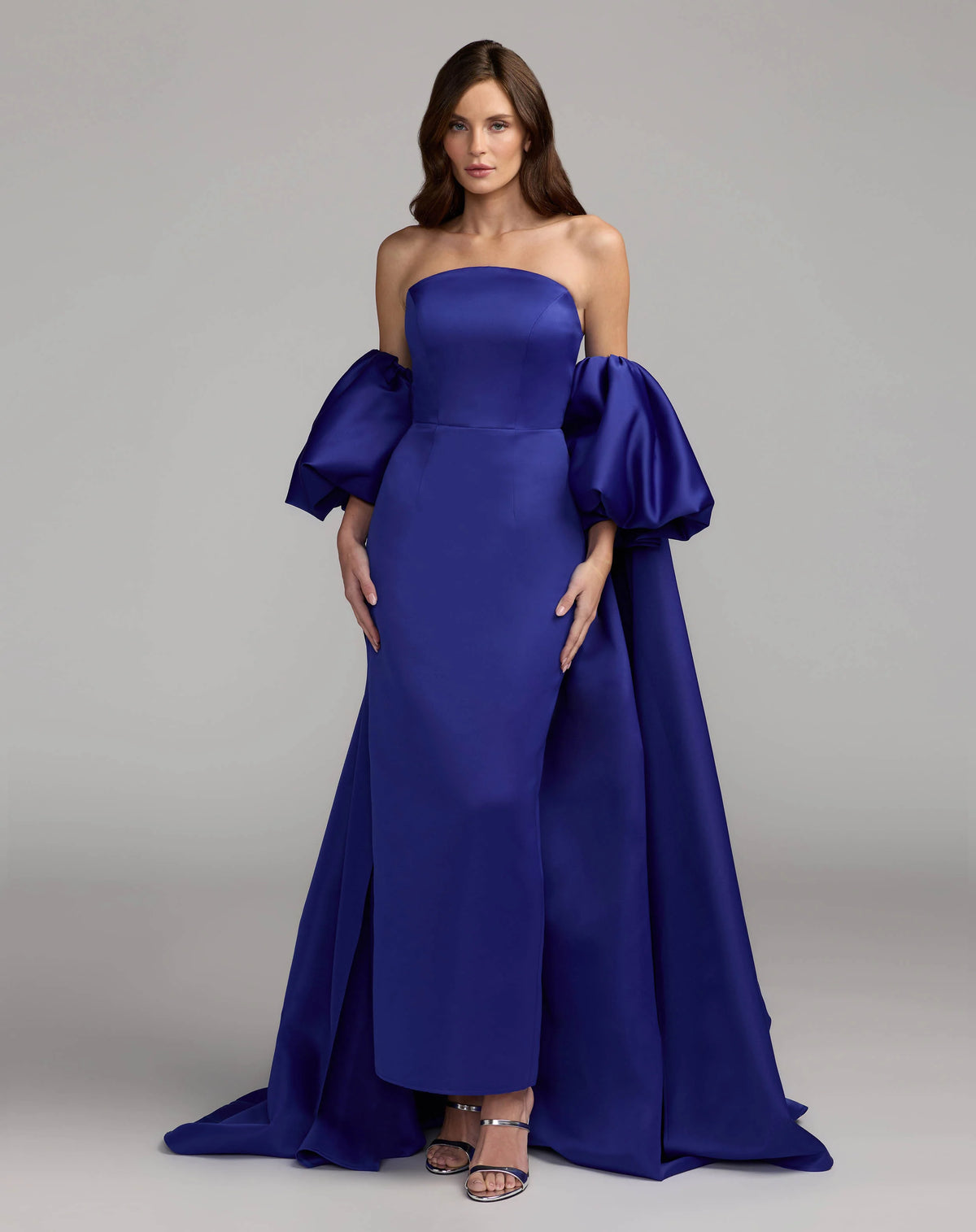 Cobalt Blue Strapless Puff Sleeve Satin Gown With Cape