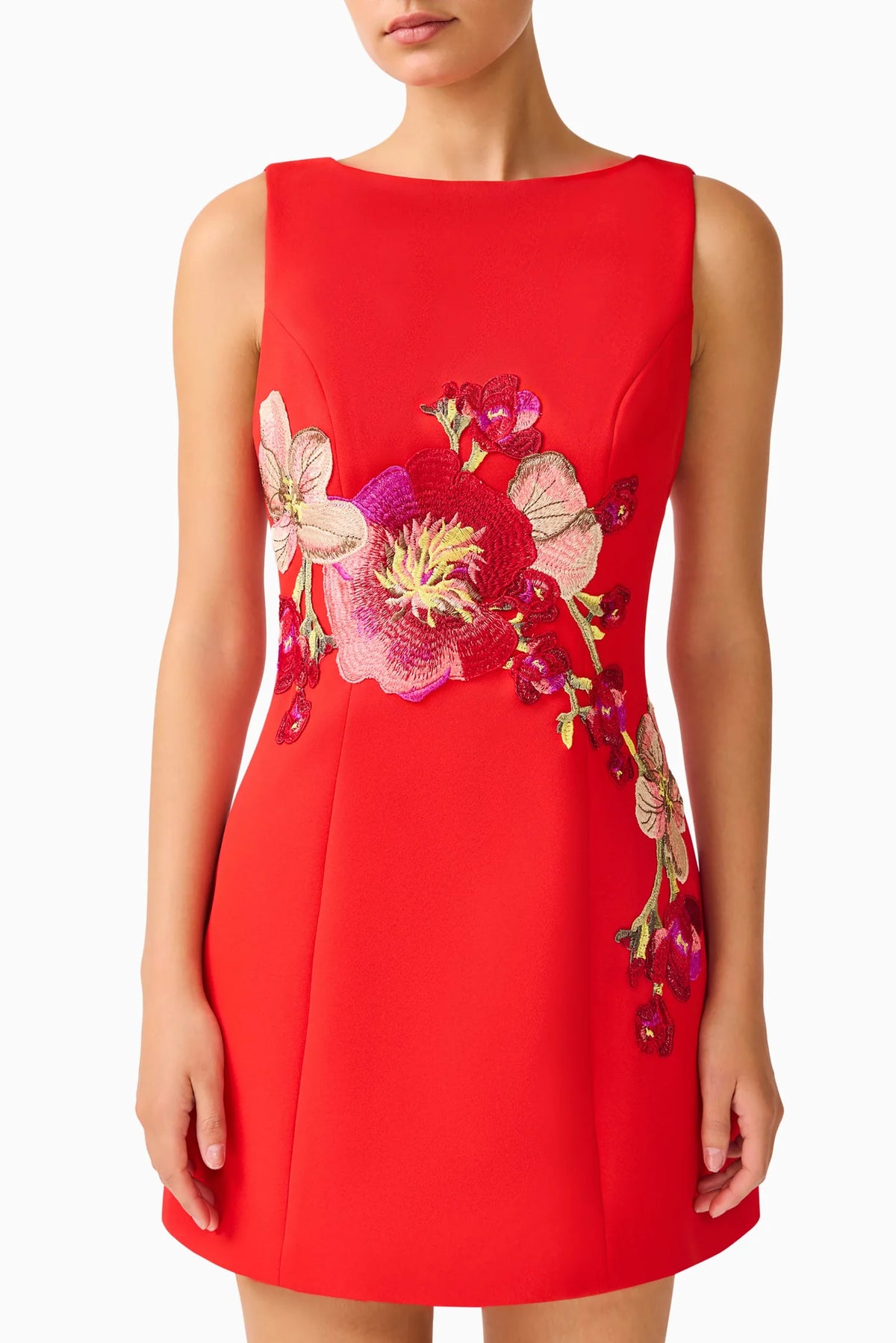 Fleurisca Embroidered A-Line Mini Dress in Scarlet Red