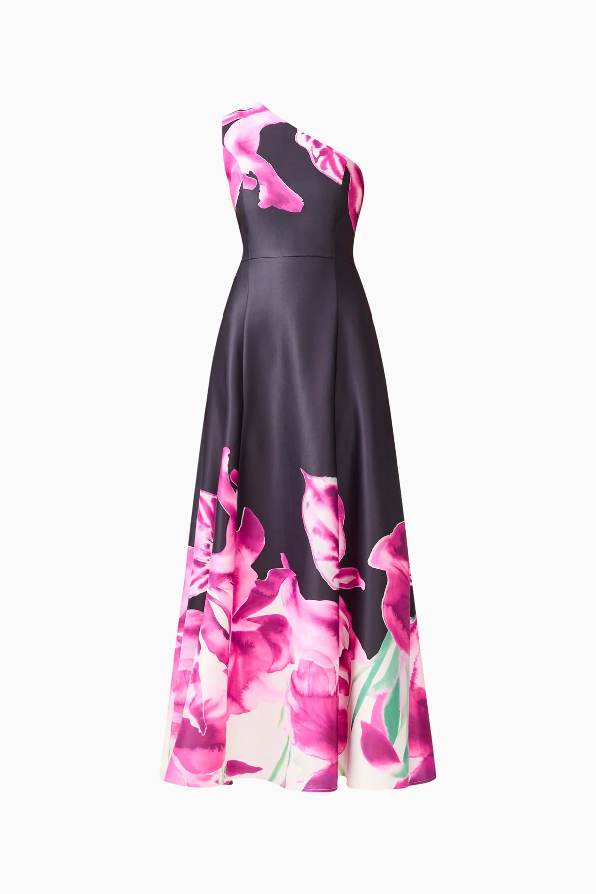 Petalia One Shoulder Gown in Black &amp; Pink Floral