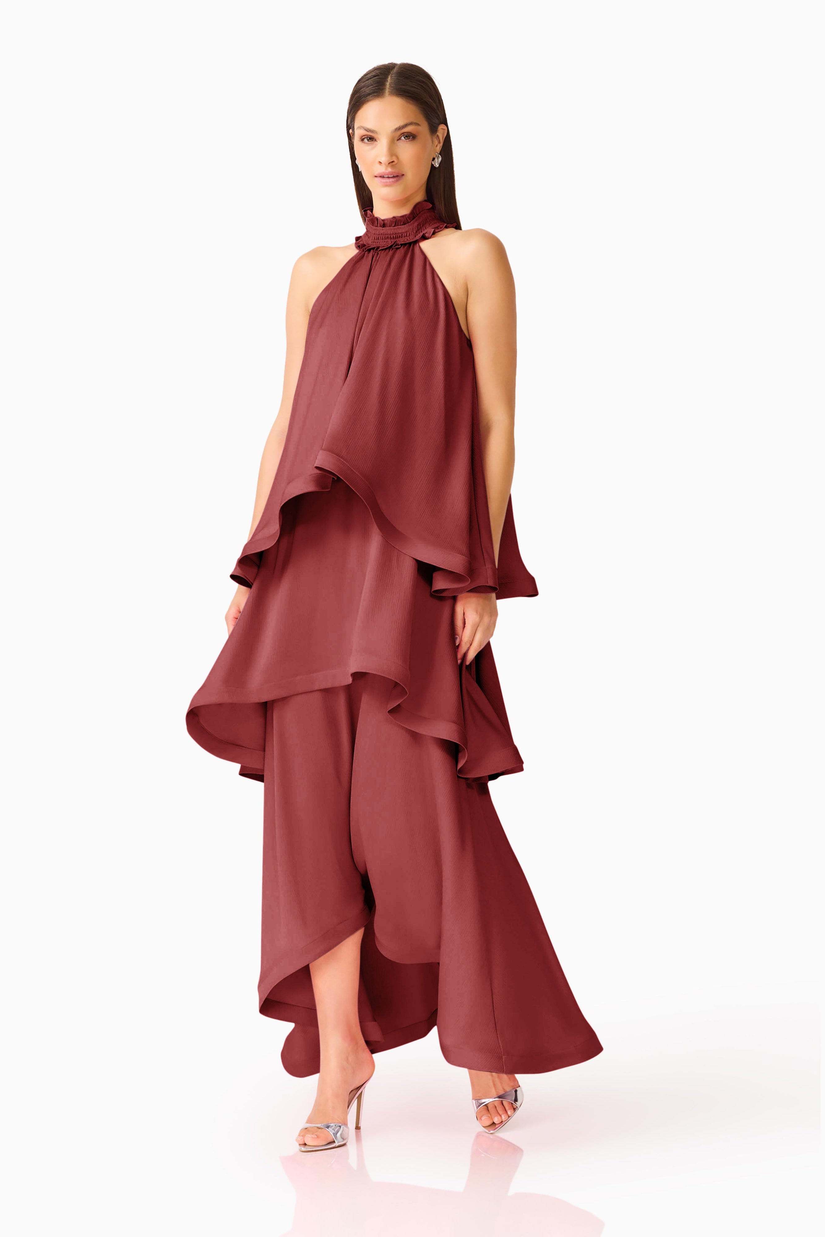 CALISTA RUFFLE NECK
TIERED GOWN