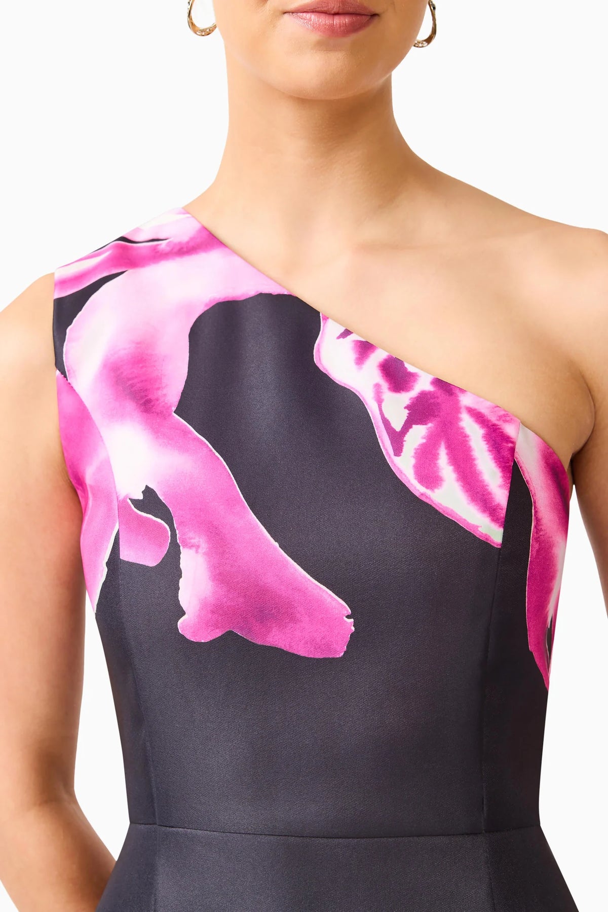 Petalia One Shoulder Gown in Black &amp; Pink Floral