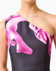 Petalia One Shoulder Gown in Black & Pink Floral