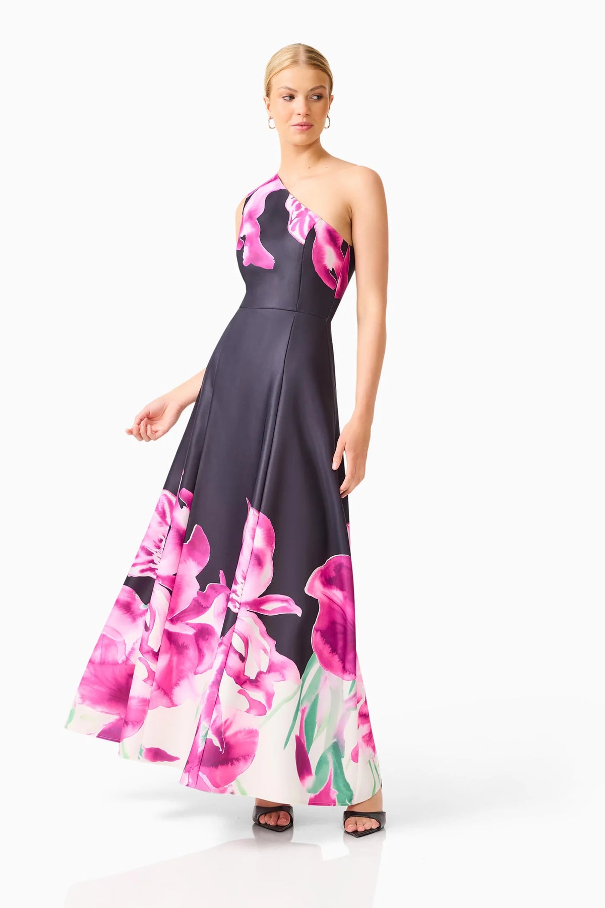 Petalia One Shoulder Gown in Black &amp; Pink Floral