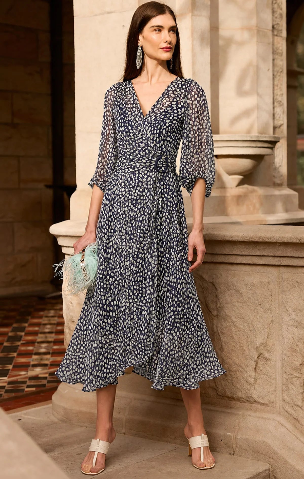 CLOUDLAND WRAP DRESS IN NAVY WHITE SPOT