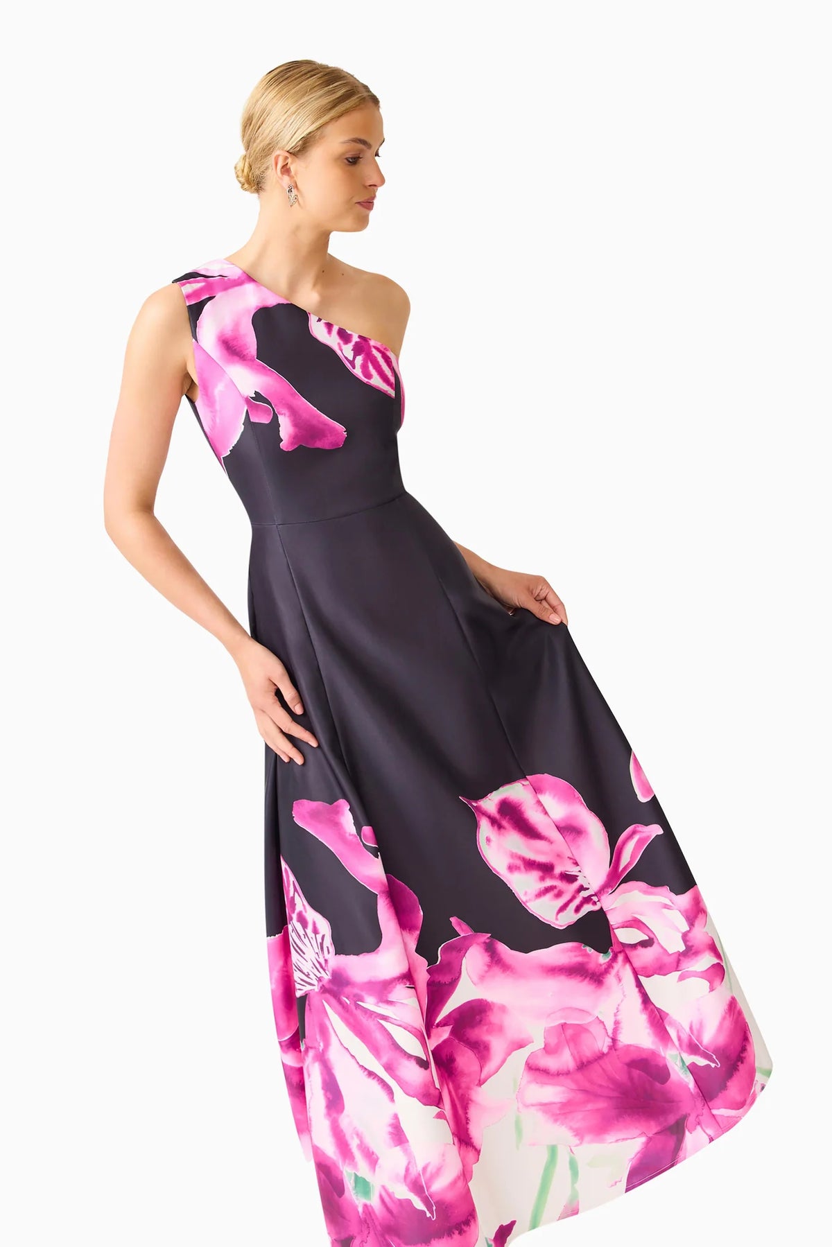 Petalia One Shoulder Gown in Black &amp; Pink Floral